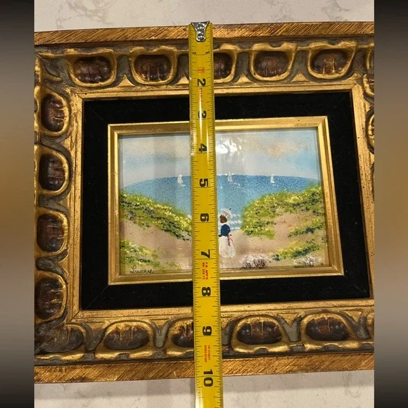 Vintage handpainted mom and daughter beach scene on tile. Gorgeous golden frame